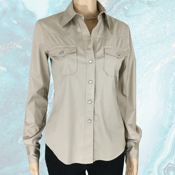 Theory Tops - Theory Jillian Neutral Blouse with Pearl Buttons